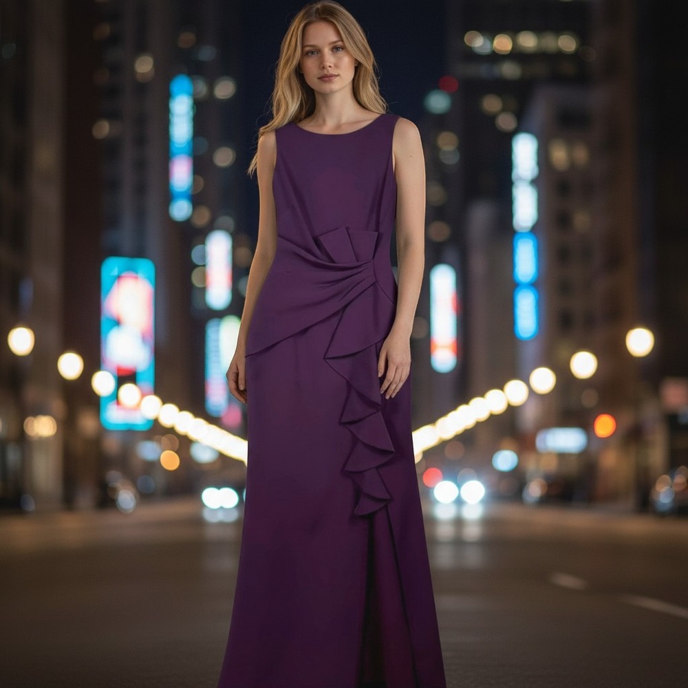 Eliza J • Dark PurpleRuched Ruffle Side Sheath Maxi Dress 8 Evening Formal Gala